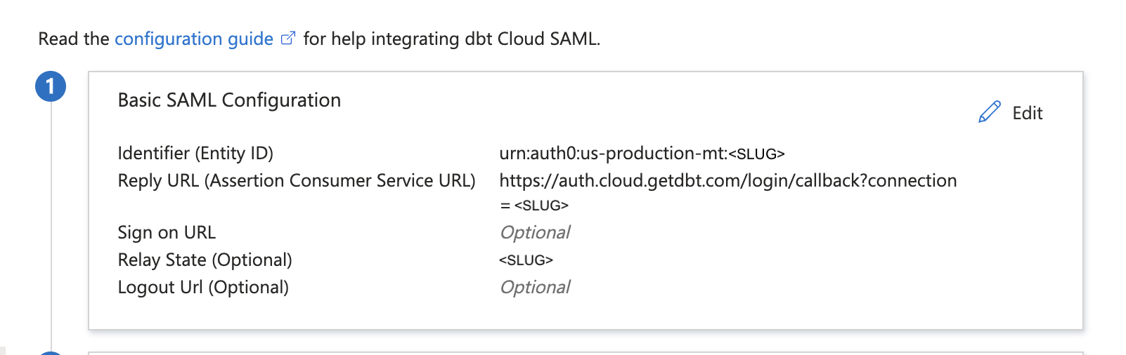 Completed configuration of the SAML fields in Entra ID