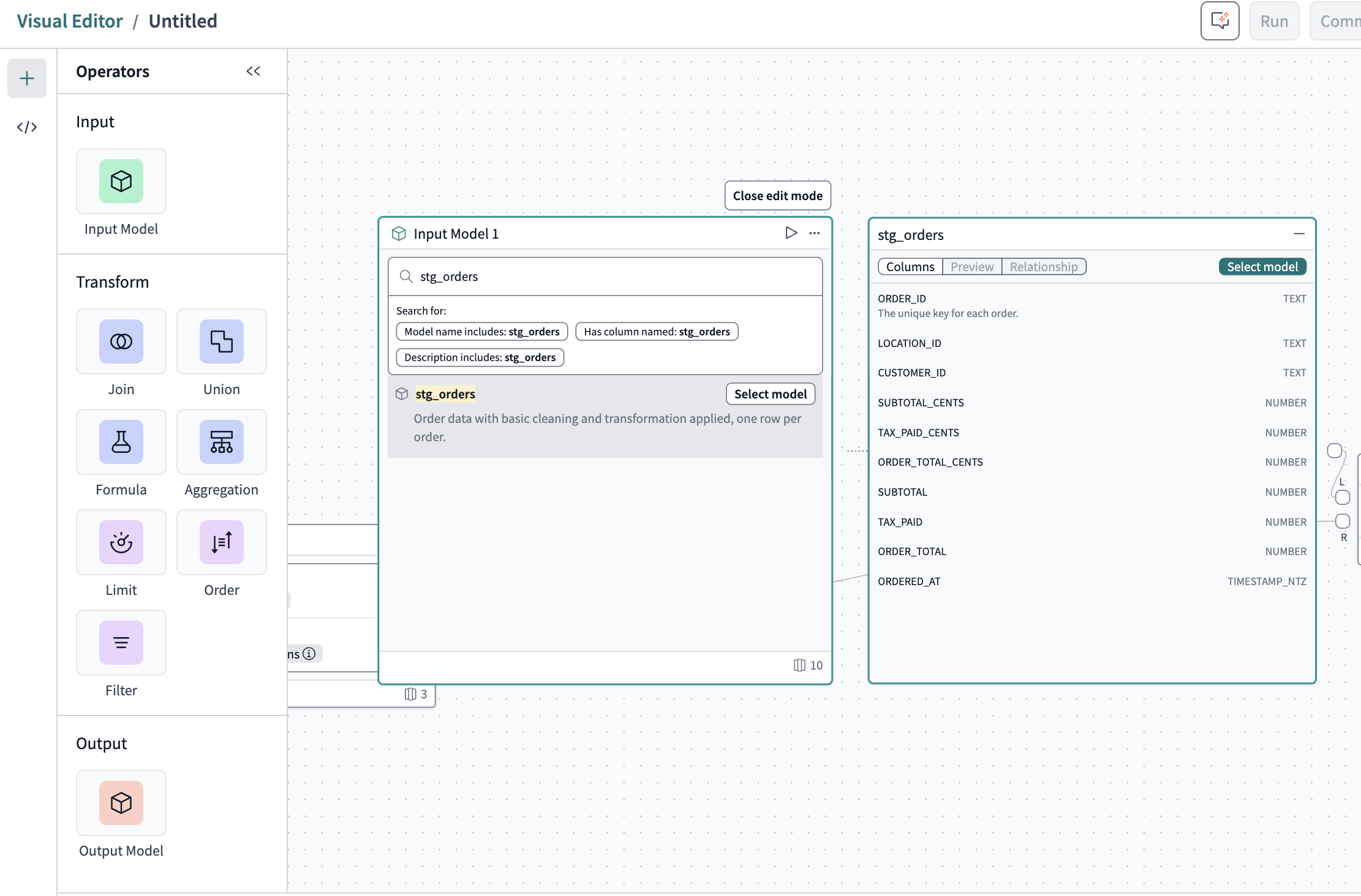 A sleek drag-and-drop canvas interface that allows you to create or modify dbt SQL models.